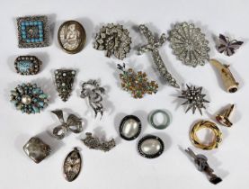 A selection of decorative Victorian and later brooches including diamante, marcasite, turquoise