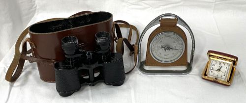 A cased pair of Viking Minor binoculars, Newbold & Bulford Ltd; a barometer on stirrup