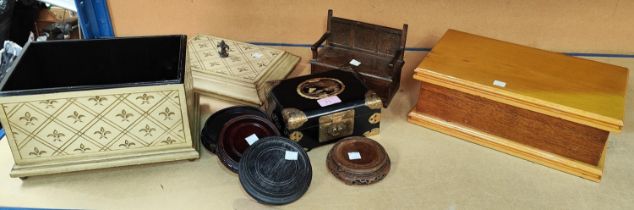 An oriental inlaid jewellery box with brass mounts; other boxes; oriental vase stands; etc.