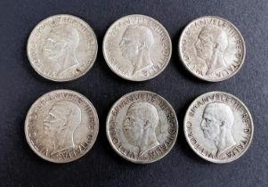 WORLD COINAGE: Six Vittorio Emanuele III Italian silver 1927 5 Lira coins, with good lustre, some