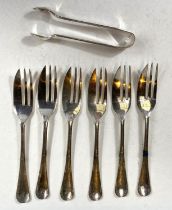 A set of 6 silver cake forks monogrammed, Sheffield 1926 and a pair of EPNS sugar nips 3.5oz