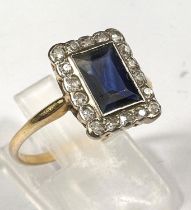 Art Deco, unmarked gold ring with large rectangular sapphire 8mm x 6mm approx, surrounded by 18