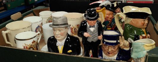 A collection of various Toby Jugs and a collection of Victorian and later ceramic commemorative cups