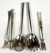 A pair of hallmarked silver salad servers Birmingham 1910, a hall marked silver pickle fork