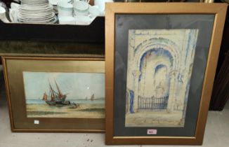 A watercolour of 'The Warburton Chapel Chester', framed and glazed; C Thomas watercolour of boats