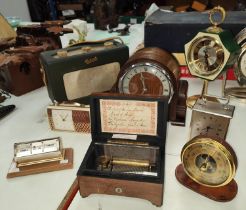 A small single cylinder music box walnut case, clocks radio etc