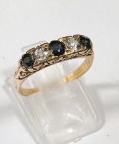 An 18 carat hallmarked gold ring with 3 sapphires and 2 diamonds set alternately, size N/O, 4gm