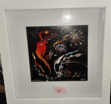 David Wilde; Northern artist abstract oil on card 'Day of the Triffids' framed and glazed 19x20