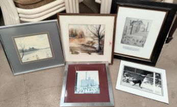 Two watercolours framed and glazed, Lowry print, signed football photo etc