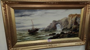 A. Turner (British) 19th century oil on canvas fishing boat off rocky coast, gilt framed, 30 x 60cm