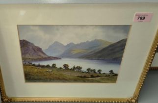 Edward Horace Thompson: Watercolour lake with mountains 18 x 26cm