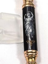 A 19th century propelling pencil in gilt and deep blue enamel with classical decoration of a