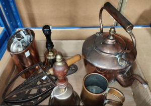 A copper kettle; 2 hand bells; 2 trivets; etc