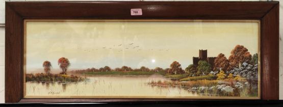 H. M. Allen: Gouache autumn lake scene in oak frame, two framed prints