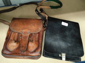 A vintage leather military style map satchel with various compartments, another in black with