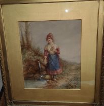 A 19th century Continental School gilt framed watercolour picture of young girl, in clogs eating