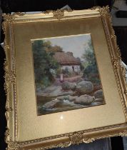 S. Towers: 19th century watercolour girl fetching water at river, framed and glazed