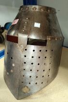 A full size replica steel Crusades style helmet, ht. 34cm