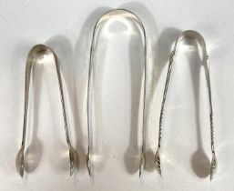 Three pairs of hallmarked silver sugar nips. One with shell shaped ends, Sheffield 1897, Sheffield