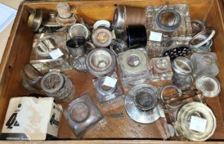 A collection of glass and pottery inkwells; lustre drops; etc.