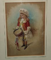 John Sowden, a late 19th century of 18th century drummer boy with long hair,  25 x 17cm signed,