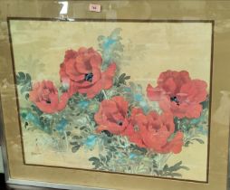 David Lee: Chinese silk of poppies and flowers, characters over signature, framed and glazed, 54 x