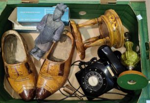 A pair of wooden clogs, vintage rotary phone other collectables etc