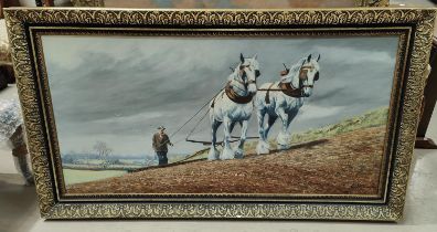Keith English:  pair of Shire horses with farmer ploughing a field, oil on canvas, signed, 50 x