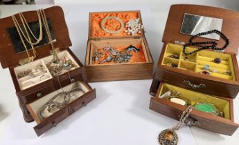 Three wooden jewellery boxes with contents of vintage and later costume jewellery including bead and