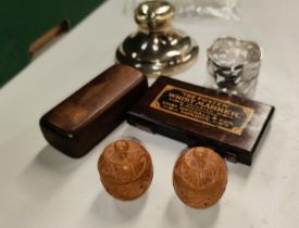 A pair of carved wooden small boxes, other similar items; ink well etc.