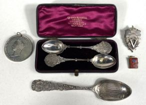 MASONIC TEMPLE, CHICAGO, Sterling silver spoon, 2 badminton racquet spoons and QV Jubilee badge