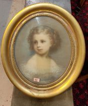 A pastel half portrait of young blonde girl in dress in gilt frame, signature faded, 44 x 36cm