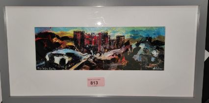 David Wilde; Northern artist abstract oil on card, 'Penrhyn Castle' 9x27cm framed and glazed