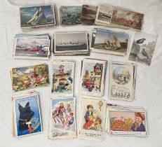 A large selection of early 20th century postcards inc. topographical trains, ships, birds,