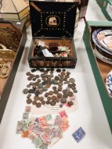 An ebony and quill box containing Indian coins, stamps and other collectables