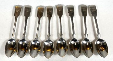 A set of 8 hall marked silver monogramed teaspoons London 1858, 6.7oz