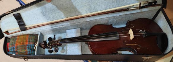 STRADIVARIUS, an early 20th century German violin, 36cm 2 piece back, with bow and case
