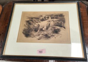 After Basil Bradley: two gun dogs in a moorland landscape monochrome print framed and glazed other