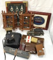 A selection of collectables: cased gentleman's overnight items; framed sailors knots; binoculars;