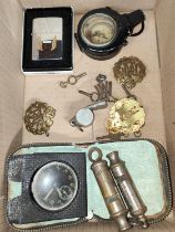 WWII era - a prismatic marching compass; various whistles, cap badges, a services pocket watch etc