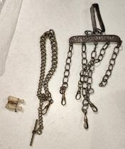 A silver plated Chatelain, a silver plated Albert chain and a pair of Stanhope binoculars (one