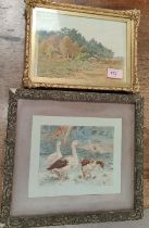 A small watercolour of geese, monogrammed H.B.O '95, framed and glazed 12.5 x 17cm and another