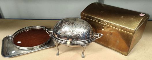 A 19th century picnic box with domed top, brass with tinned interior, signed H.WIRZ, 36cm, an EPNS