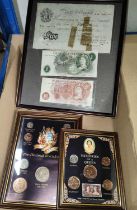 A 1947 Bank of England Peppiatt white £5 note a £1 note and a 10 shilling note; framed coins etc