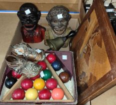 Two Victorian cast iron 'Black Boy' money boxes; a pair of baby boots; a set of snooker balls; etc.