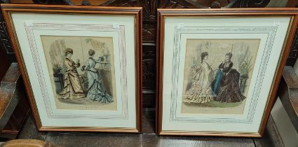A 19th century set of 4 hand coloured fashion prints, 31 x 23cm, framed and glazed; Poynton