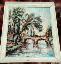 Neville Mudd: abstract oil of bridge over a river, ht. 60 x 49cm