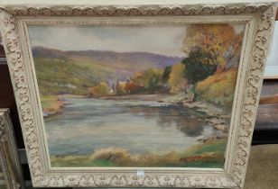 Donald H Floyd:  River landscape with rain, oil on canvas, signed, 37 x 44cm framed