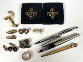 A pair of silver cufflinks, various gilt cufflinks and a gilt pencil; a pair of Naval Chaplain