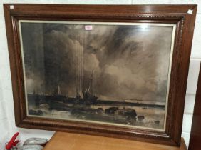 George Sheffield, coastal landscape with fishing boats, charcoal sketch signed 55 x 82 cm framed and